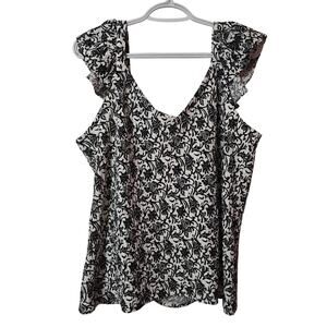Loft Floral Black & White Capped Flutter Sleeve Blouse XL